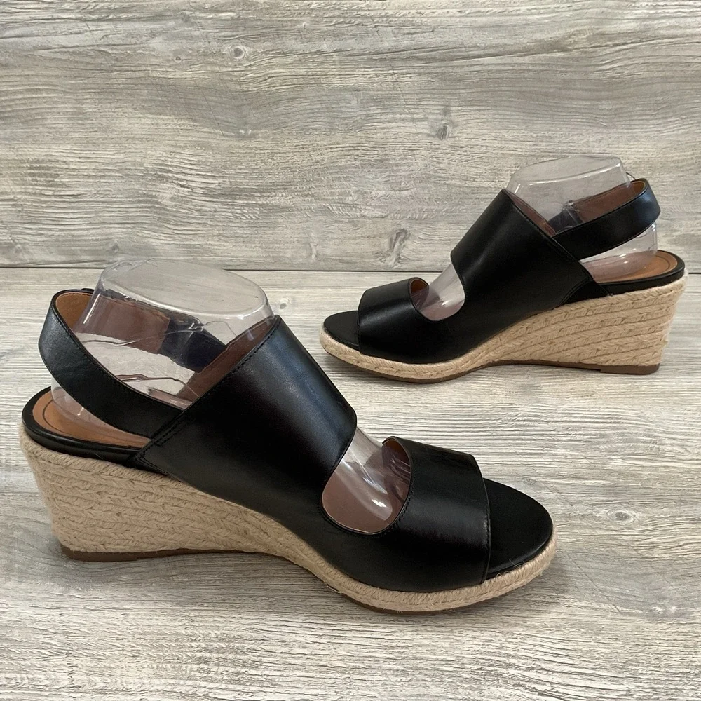 Vionic Brooke Black Leather Espadrille Wedge Beautiful Sandals Women's Size 10 M